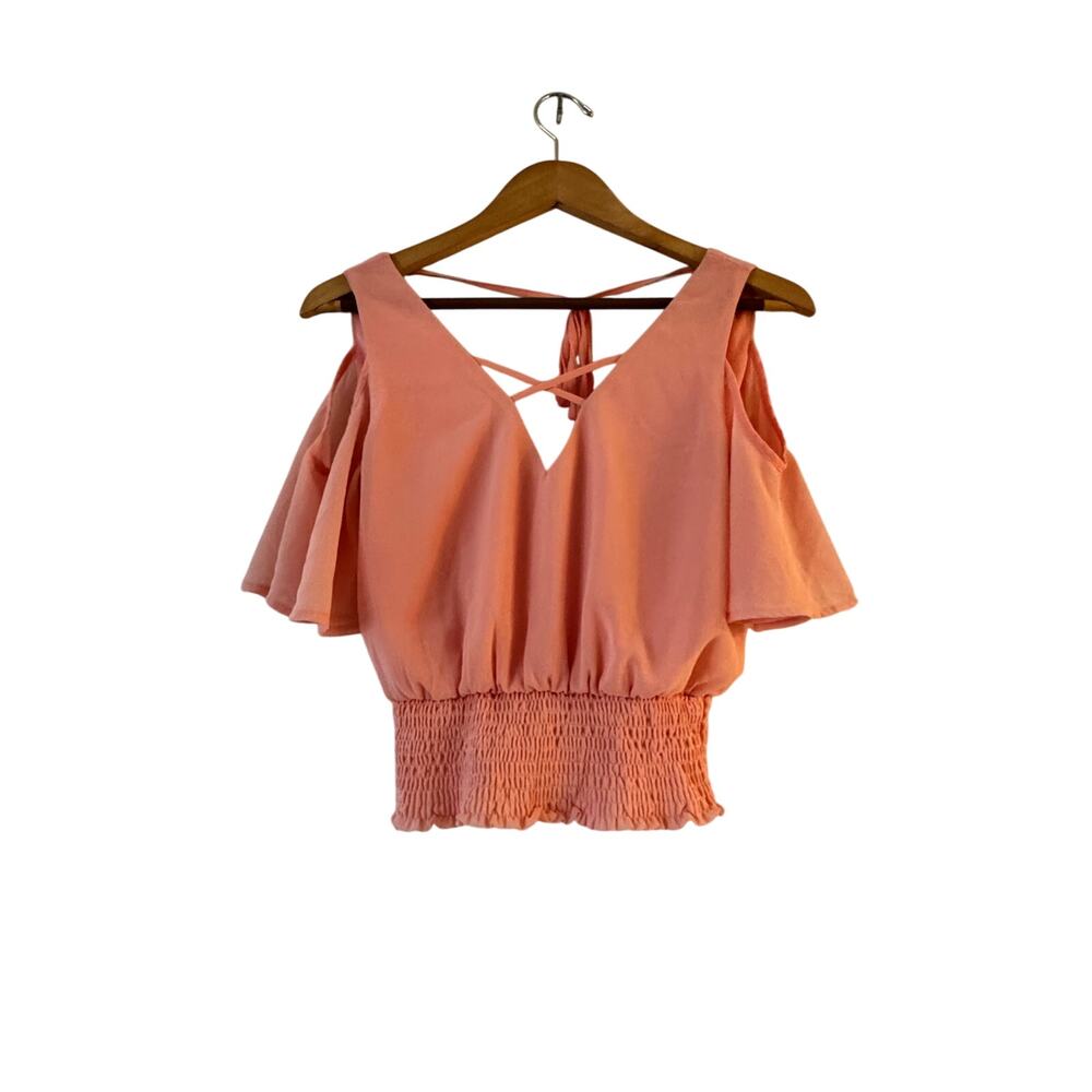 Papaya Criss Cross Cold Shoulder Smocked Blouse Size M Peach‎ Flutter Sleeve